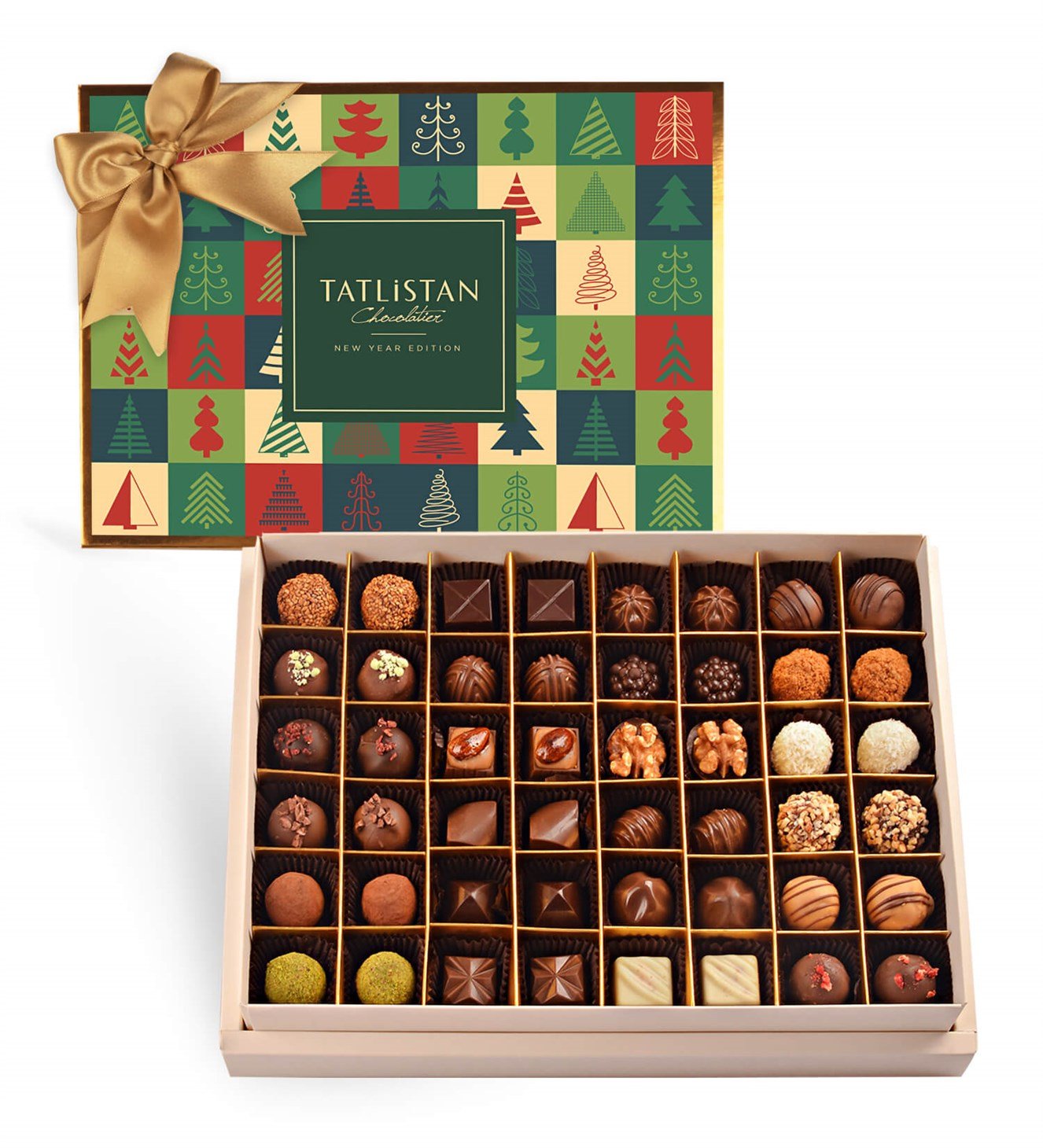 Renkli Yılbaşı Ağaçları 24 Çeşitli Artisan ve Trüf Çikolata 48'li