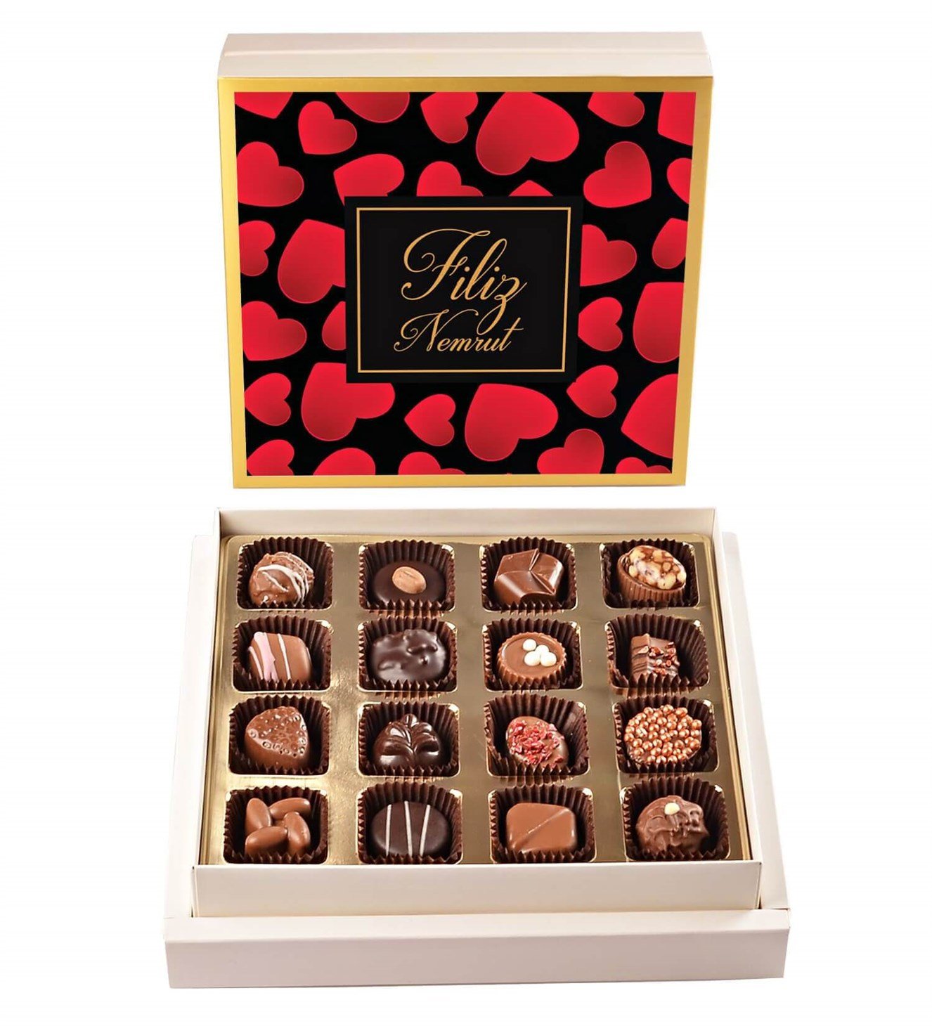 Sevgililer Günü Kişiye Özel İsimli Kırmızı Kalp Tasarımlı Spesiyal Çikolata 16'lı