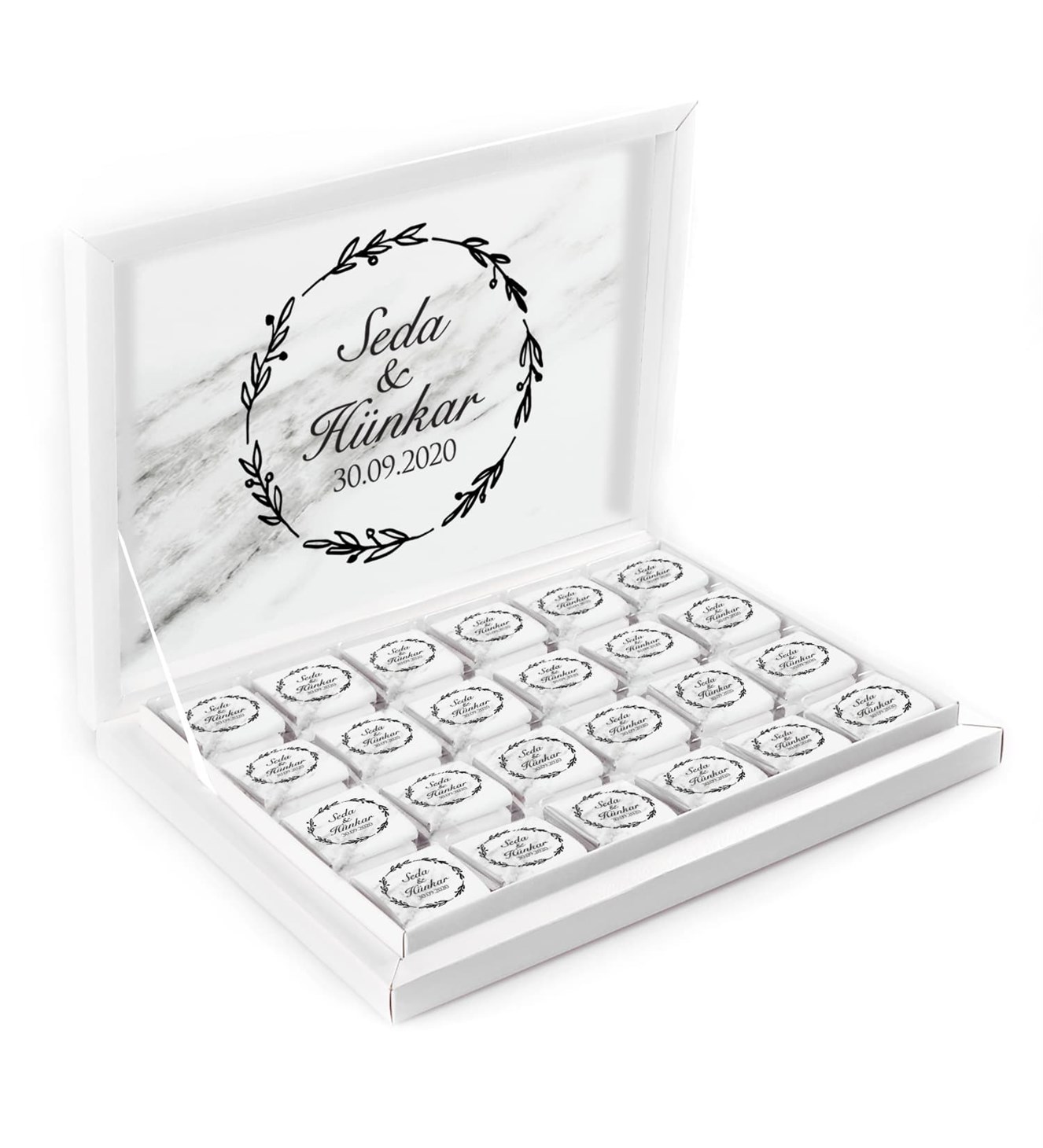 Siyah Vintage Dallar İsimli ve Tarihli Kutulu Söz & Nişan Çikolatası