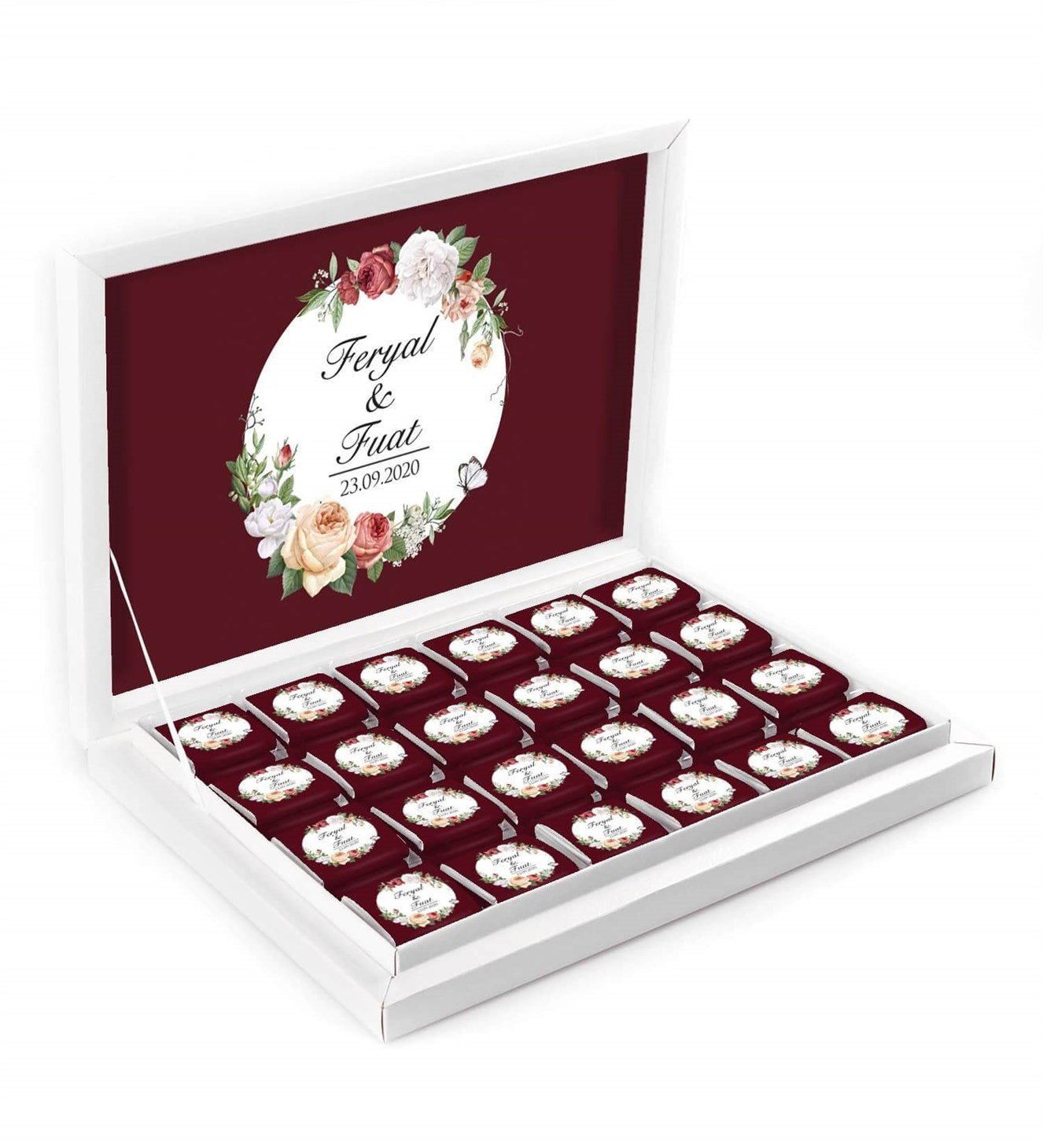 Soft Çiçekli Bordo İsimli ve Tarihli Kutulu Söz & Nişan Çikolatası