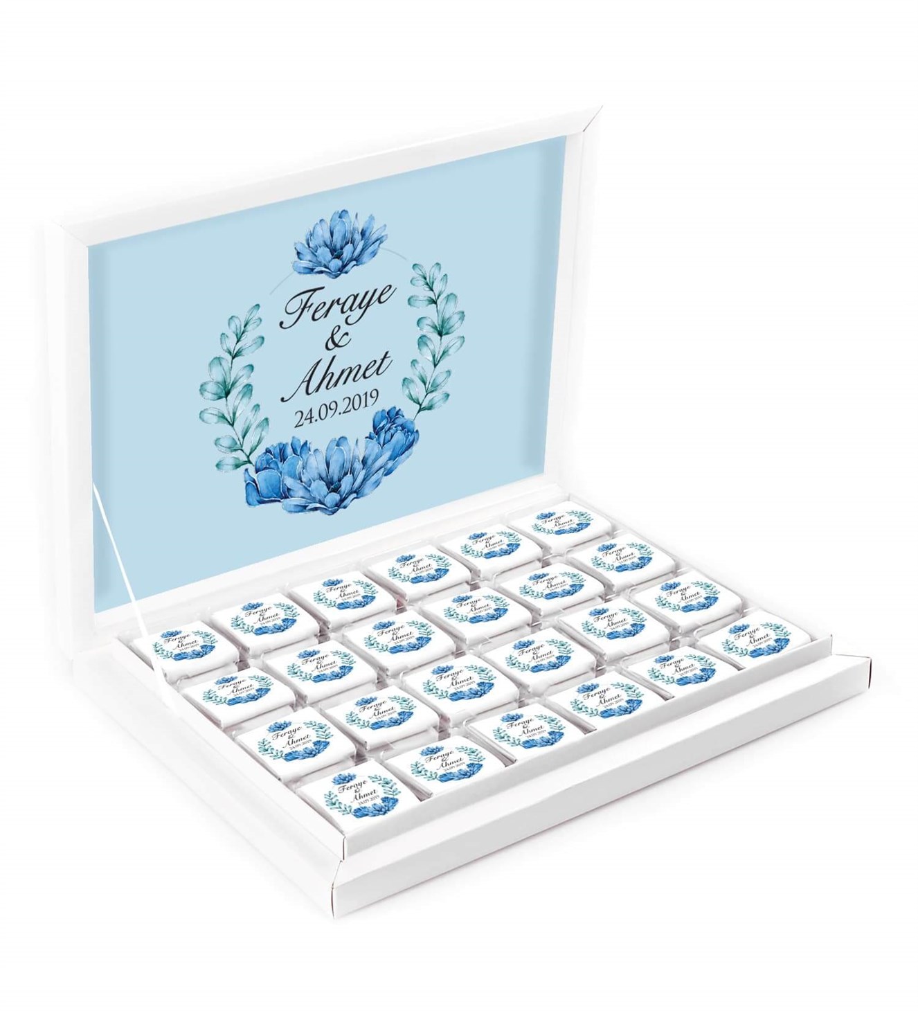 Soft Mavi Çiçekler İsimli ve Tarihli Kutulu Söz & Nişan Çikolatası
