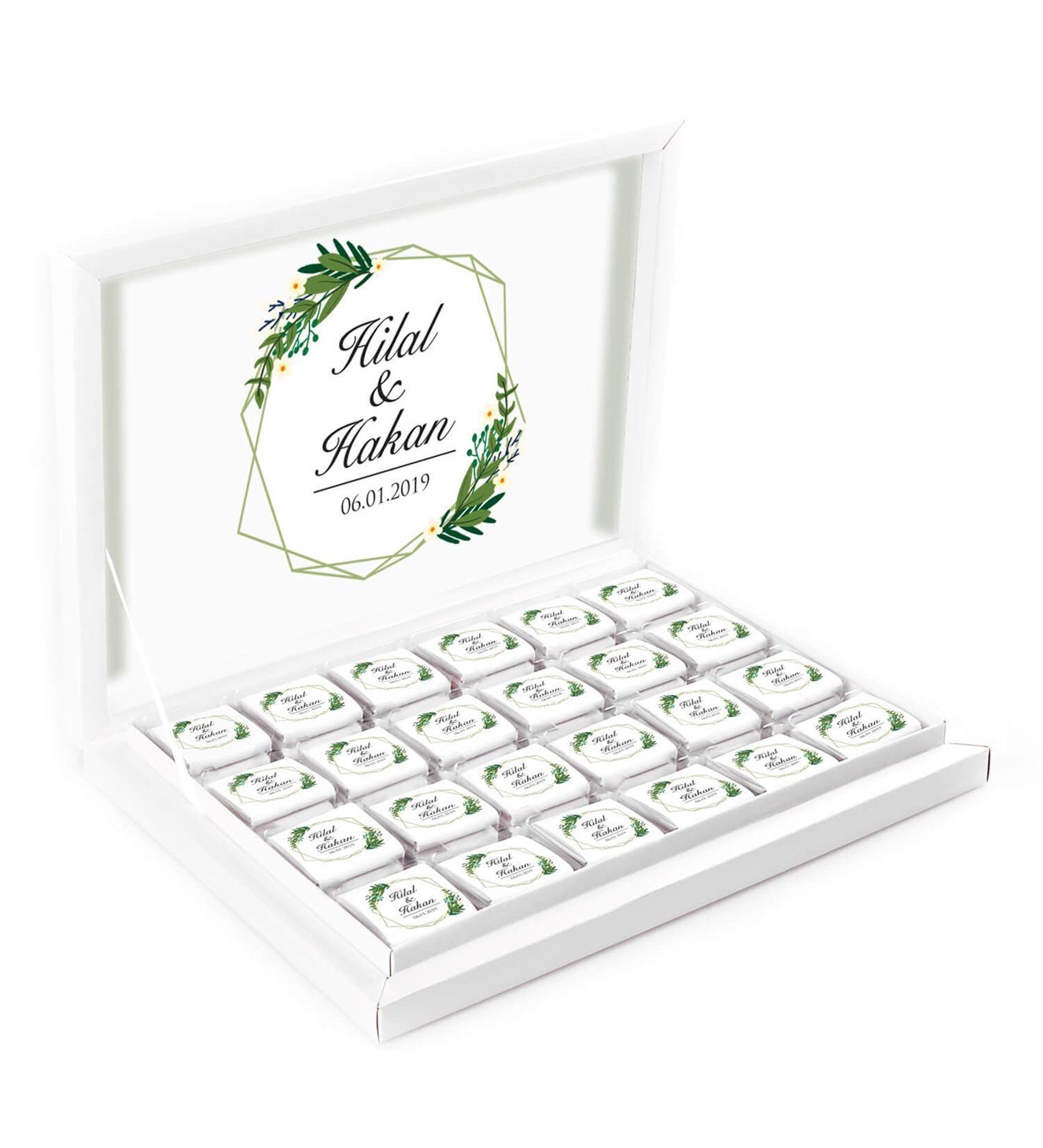 Yeşil Yapraklı İsimli ve Tarihli Kutulu Söz & Nişan Çikolatası