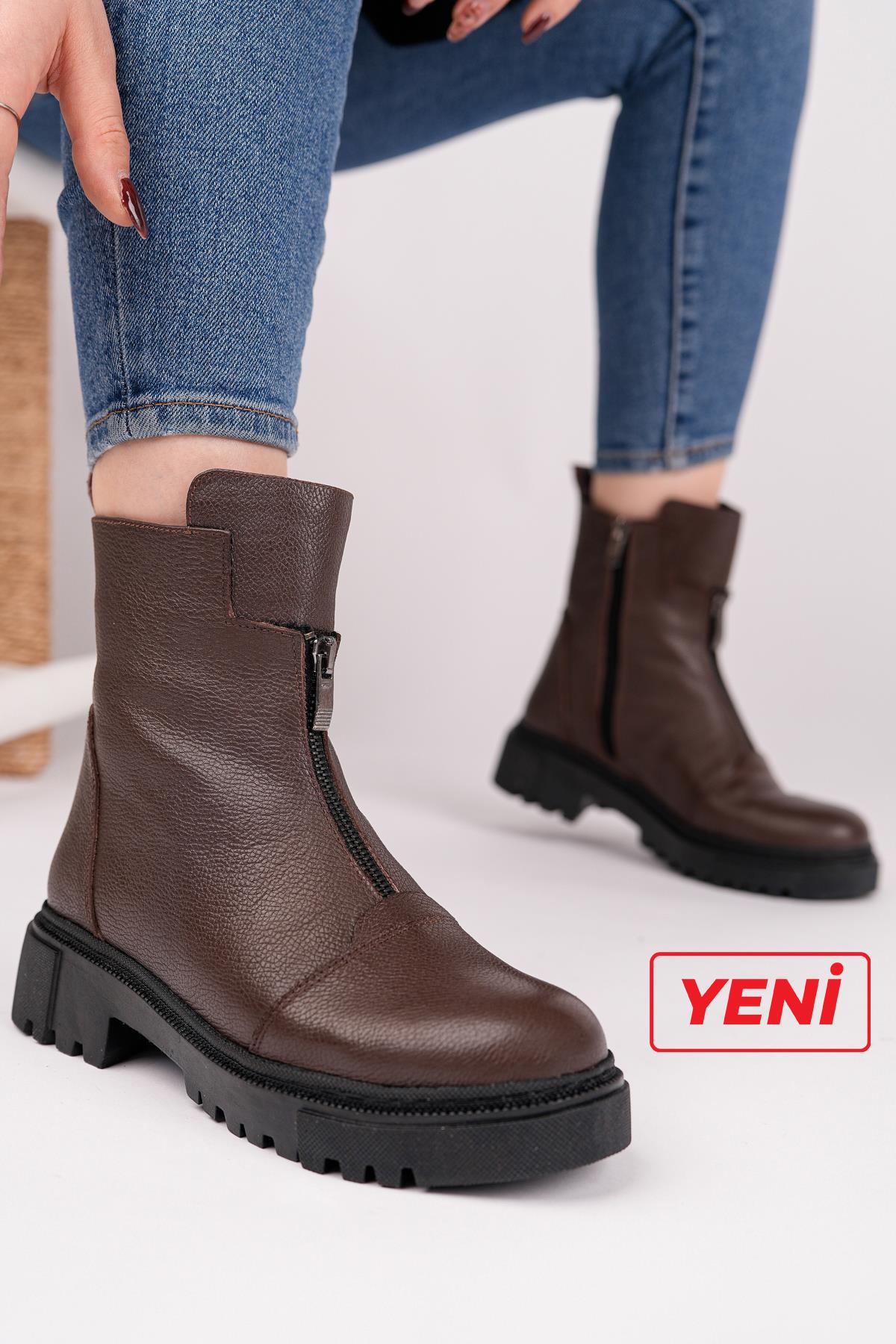 Hakiki Deri Kahverengi Kadın Deri Bot DP70-2613