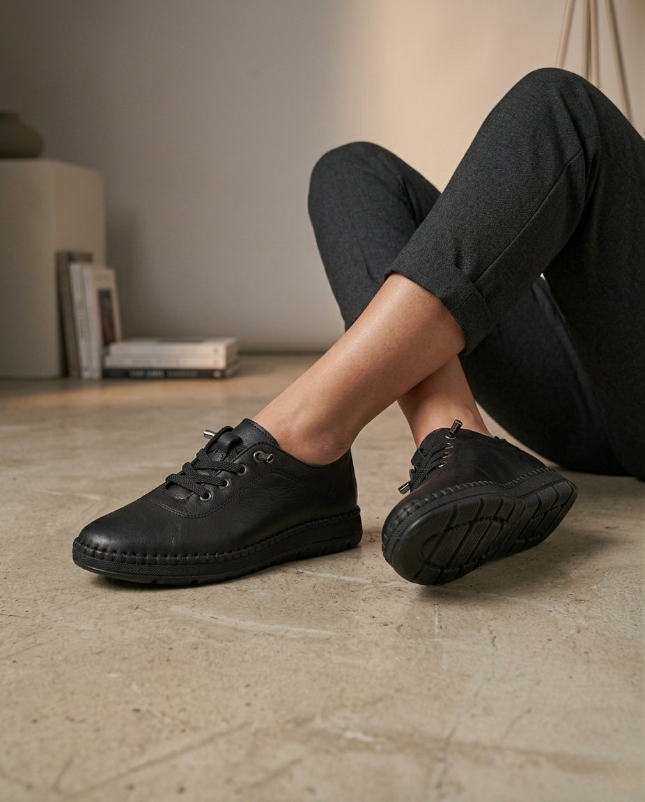 Hakiki Deri Siyah Kadın Deri Casual Ayakkabı DP80-8009