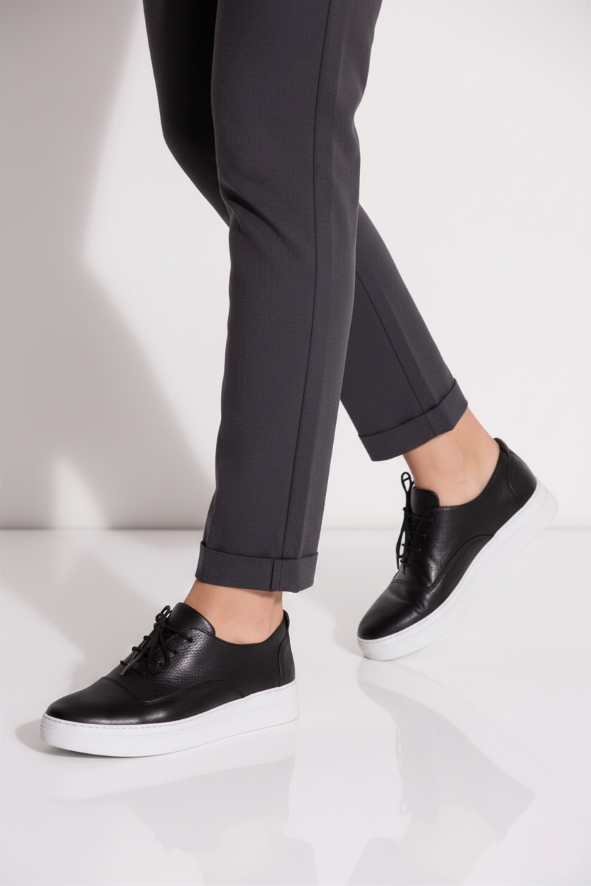 Hakiki Deri Siyah Kadın Deri Sneaker VNS-M01