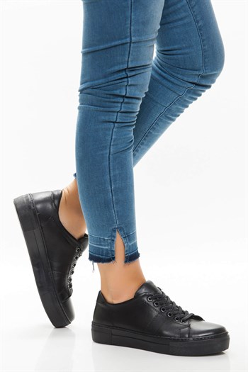 Deripabuc Hakiki Deri Siyah Siyah Kadın Deri Sneaker Ayakkabı TRC-0686