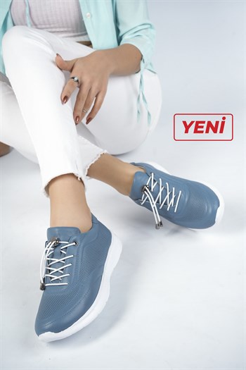 Hakiki Deri Kot Mavi Kadın Deri Sneaker Spor Ayakkabı DP71-0111
