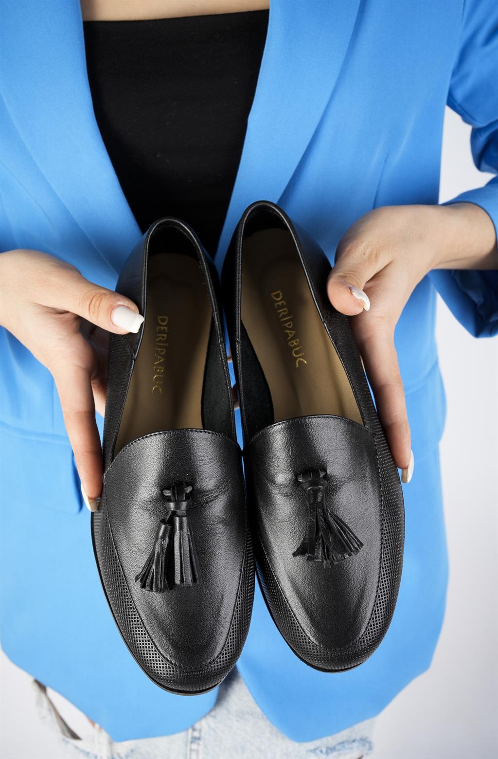 Hakiki Deri Baskılı Siyah Kadın Deri Babet PCC-F04