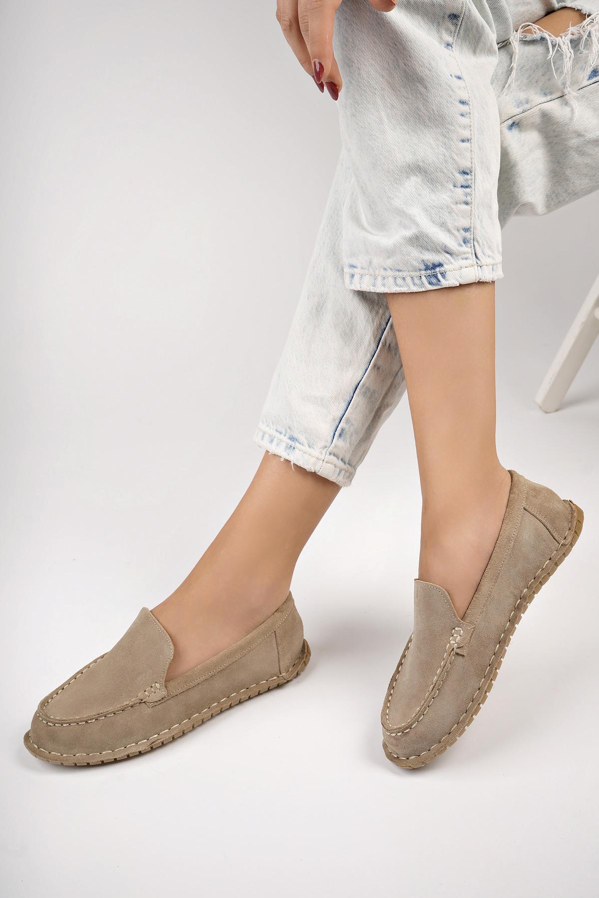 Hakiki Deri Bej Süet Kadın Deri Loafer DP77-0601
