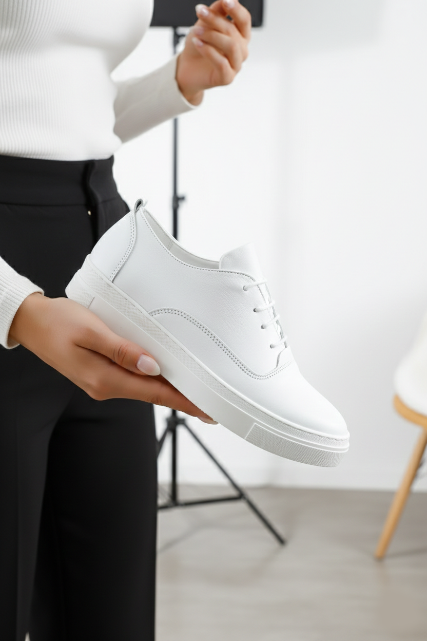 Hakiki Deri Beyaz Kadın Deri Sneaker VNS-M01