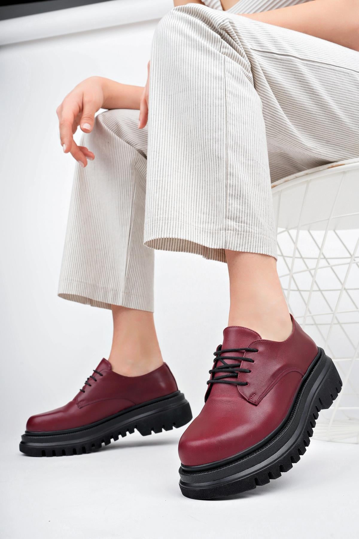 Hakiki Deri Bordo Casual Kadın Günlük Kalın Taban Deri Loafer Ayakkabı TRC-216674