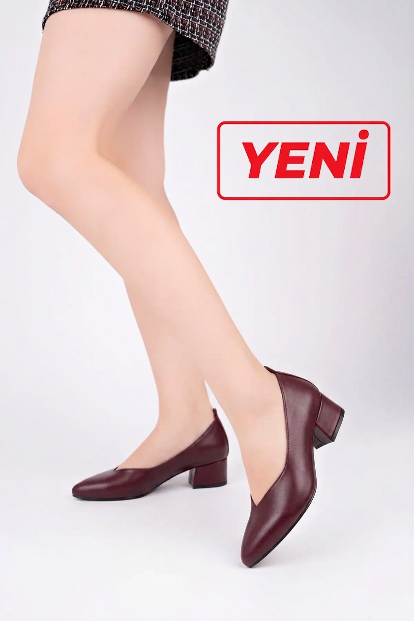 Hakiki Deri Bordo Kadın Topuklu Deri Ayakkabı SHN-1068