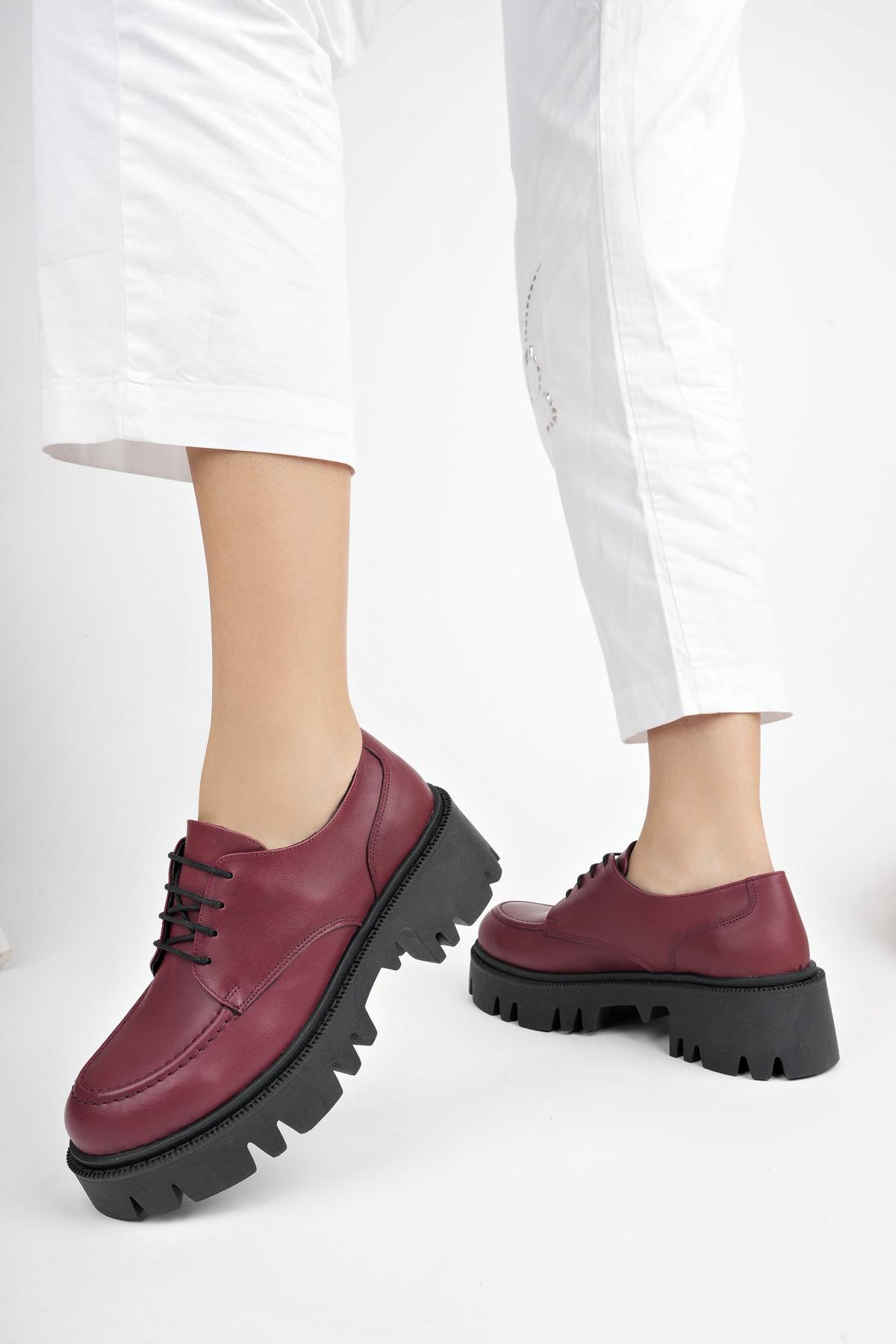 Hakiki Deri Bordo Tırtıklı Platform Taban Loafer Ayakkabı TRC-4003
