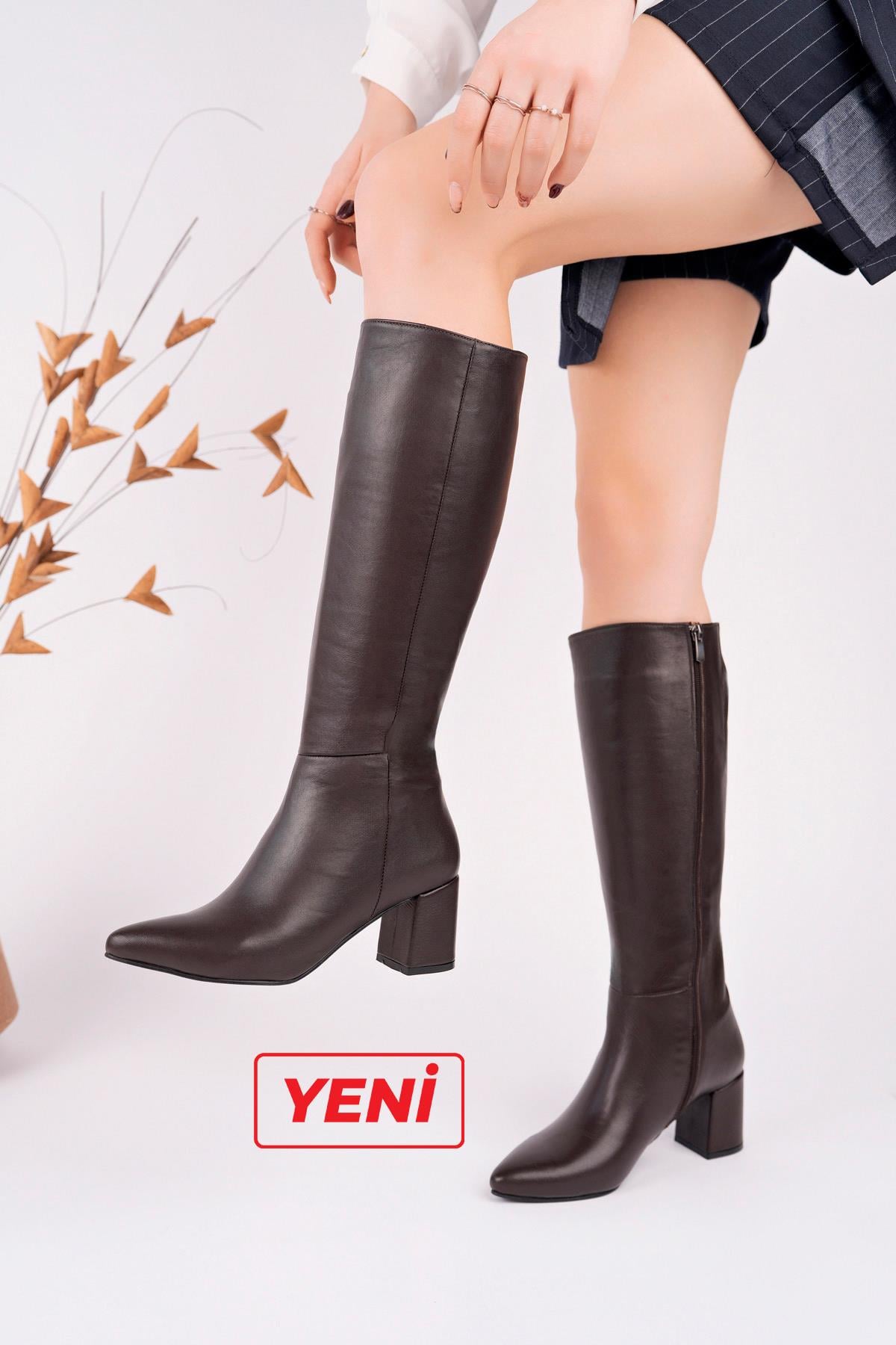Hakiki Deri Kahverengi Kadın Deri Çizme DP02-0404