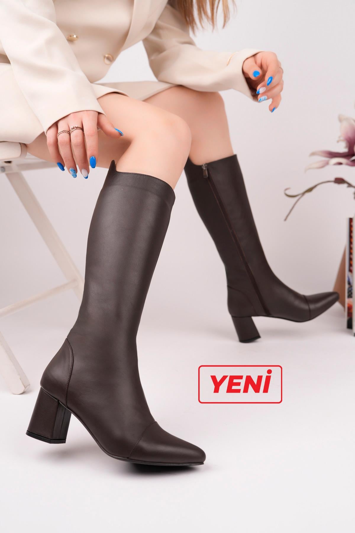Hakiki Deri Kahverengi Kadın Deri Çizme DP02-1064