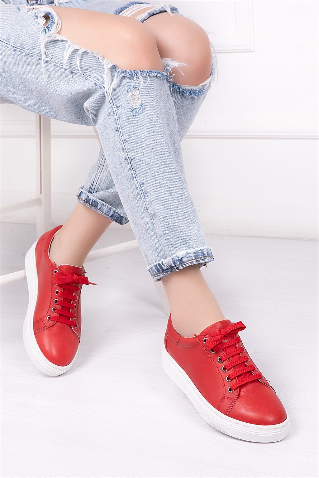 Hakiki Deri Kırmızı Kadın Sneaker TRC-0677