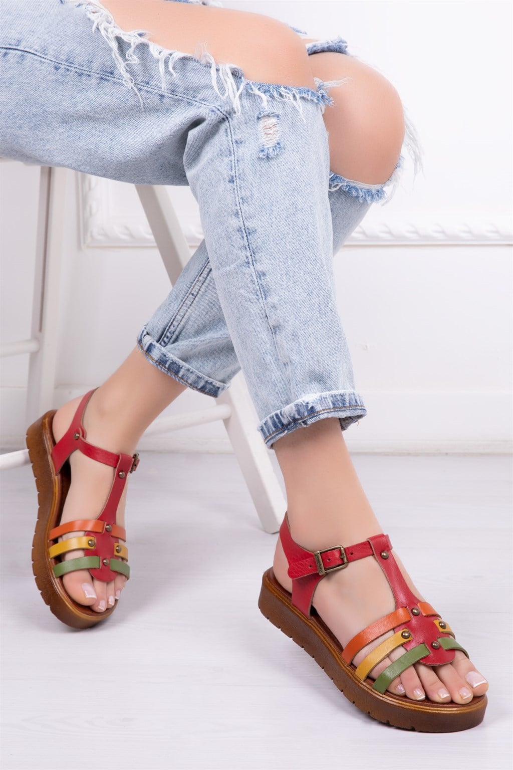 Hakiki Deri Kırmızı Multi Kadın Sandalet DP-0092