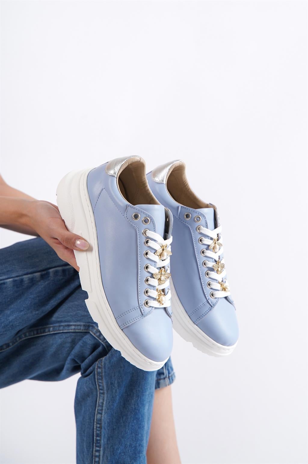 Hakiki Deri Mavi Kadın Deri Sneaker Spor Ayakkabı DP63-23222