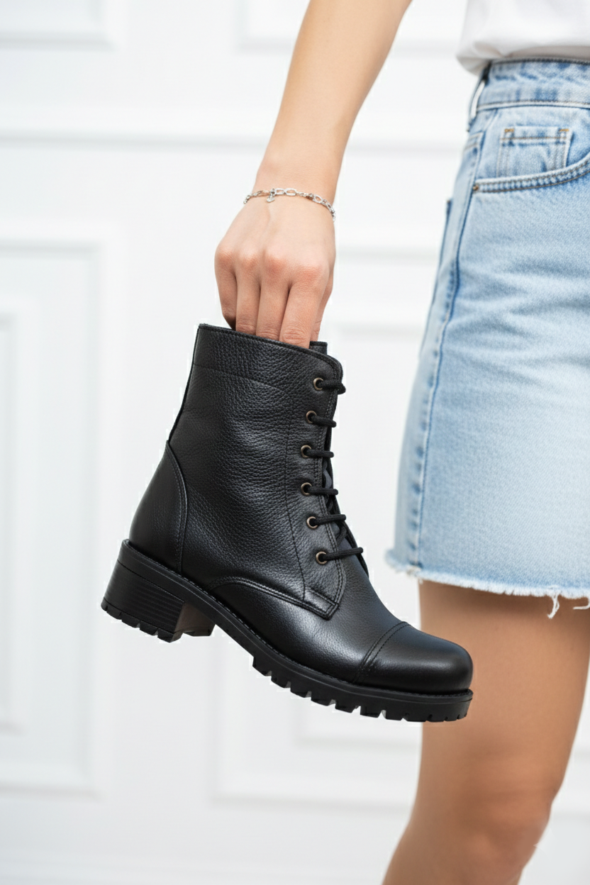 Hakiki Deri Siyah Kadın Deri Postal Bot DP46-1610