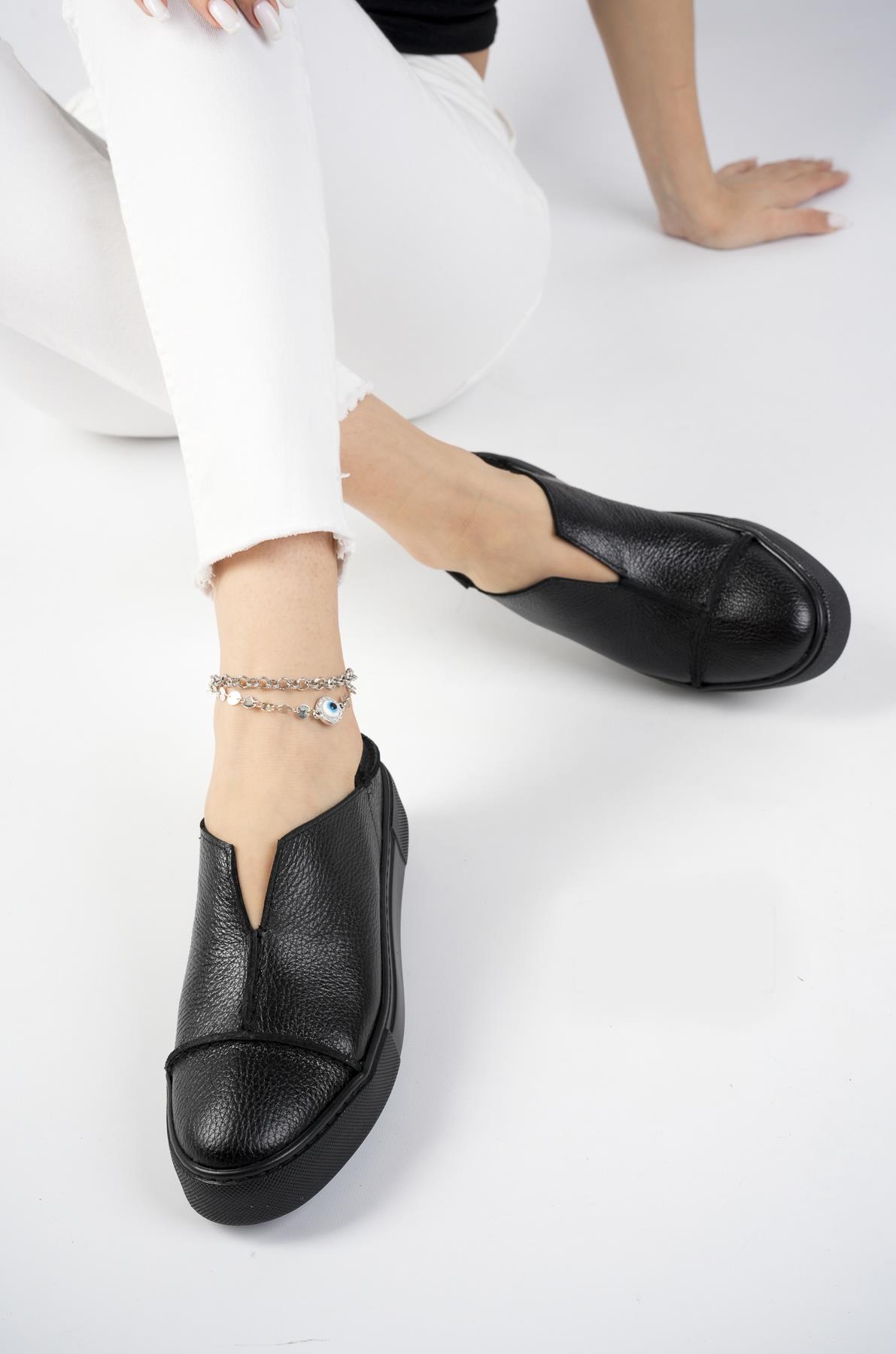 Hakiki Deri Siyah Siyah Kadın Deri Sneaker DP38-2610