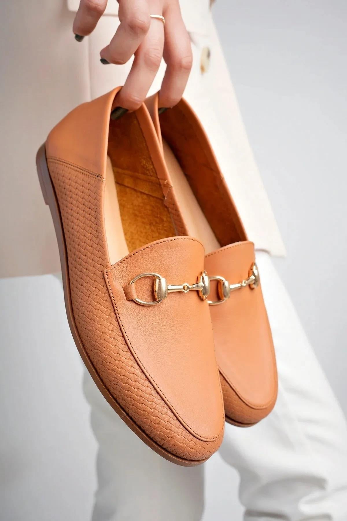 Hakiki Deri Taba Baskı 2 Kadın Deri Babet PCC-F03