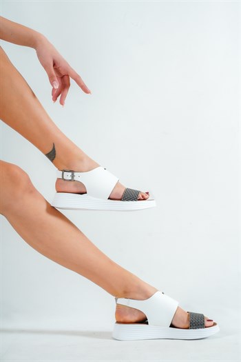 Hakiki Deri Beyaz X3 Kadın Deri Sandalet DP-2093