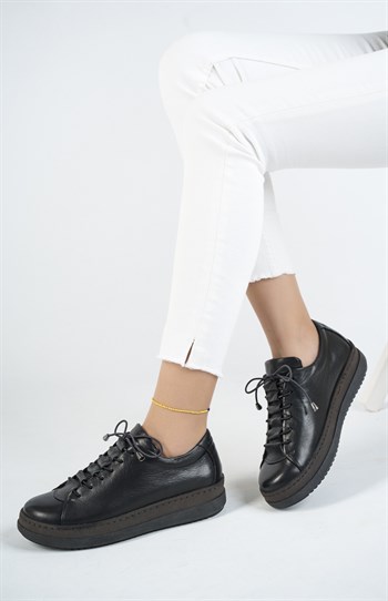 Hakiki Deri Siyah Kadın Deri Casual Ayakkabı DP17-2912