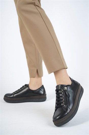 Hakiki Deri Siyah Kadın Deri Casual Ayakkabı DP17-2905