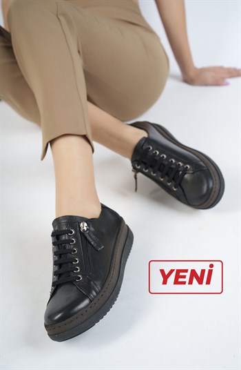 Hakiki Deri Siyah Kadın Deri Casual Ayakkabı DP17-2905