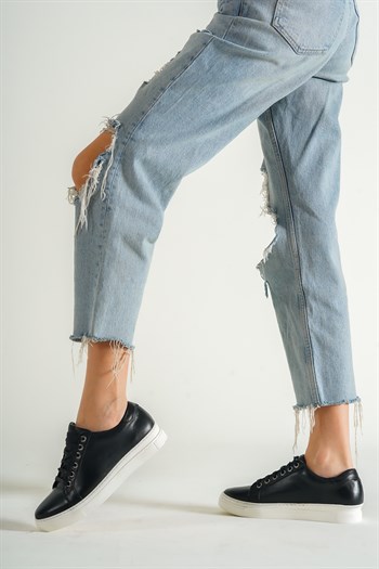 Hakiki Deri Siyah Kadın Deri Sneaker VNS-M010