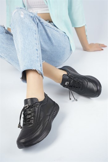 Hakiki Deri Siyah Siyah Kadın Deri Sneaker Spor Ayakkabı DP71-0110