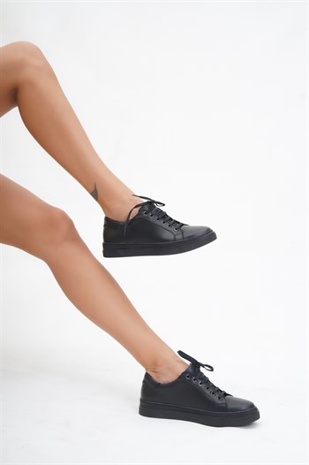 Hakiki Deri Siyah Siyah Kadın Deri Sneaker VNS-M010