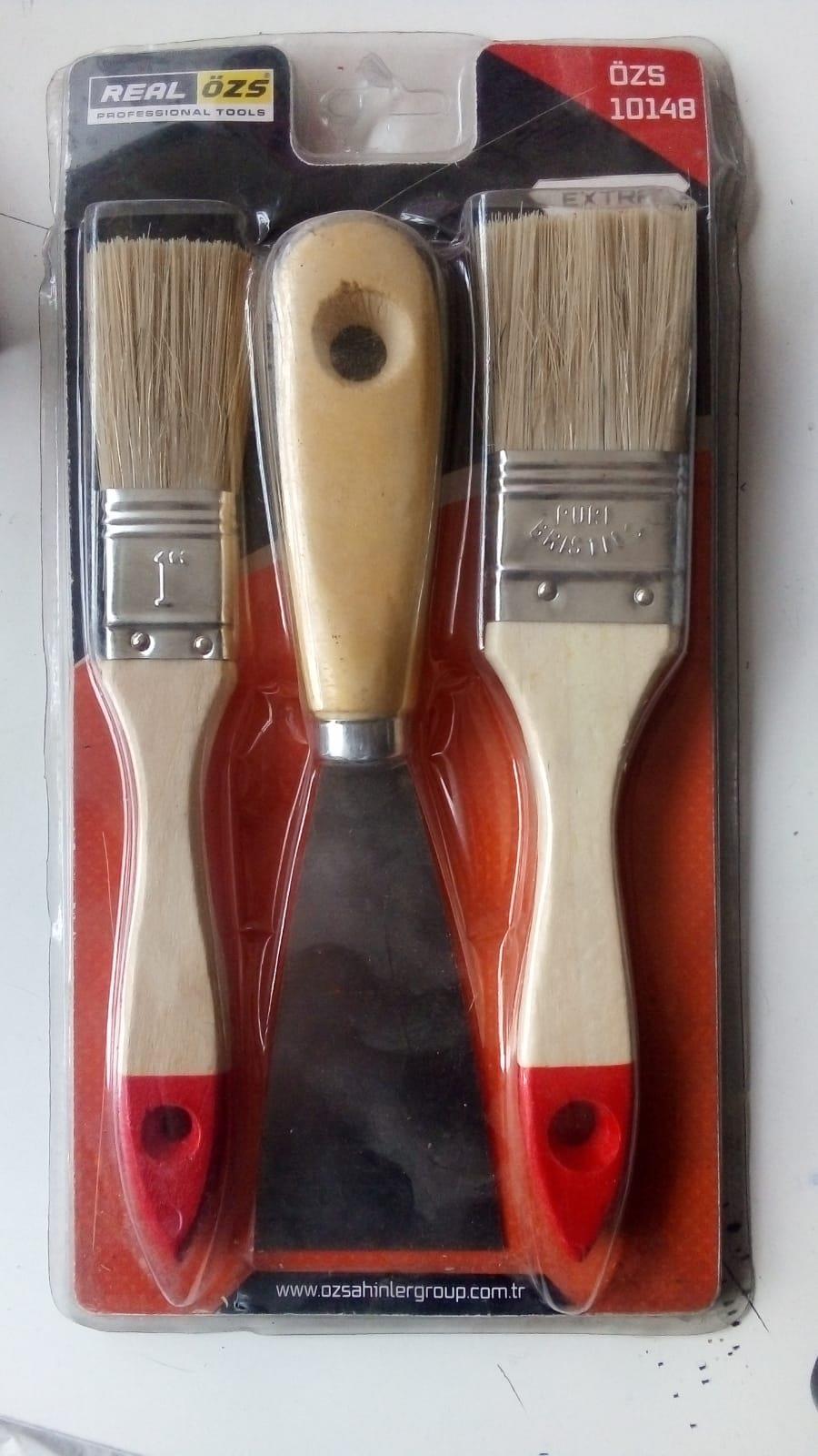 Ahşap Saplı Boya Fırçası ve Çelik Ispatula Takımı - 3'lü Set