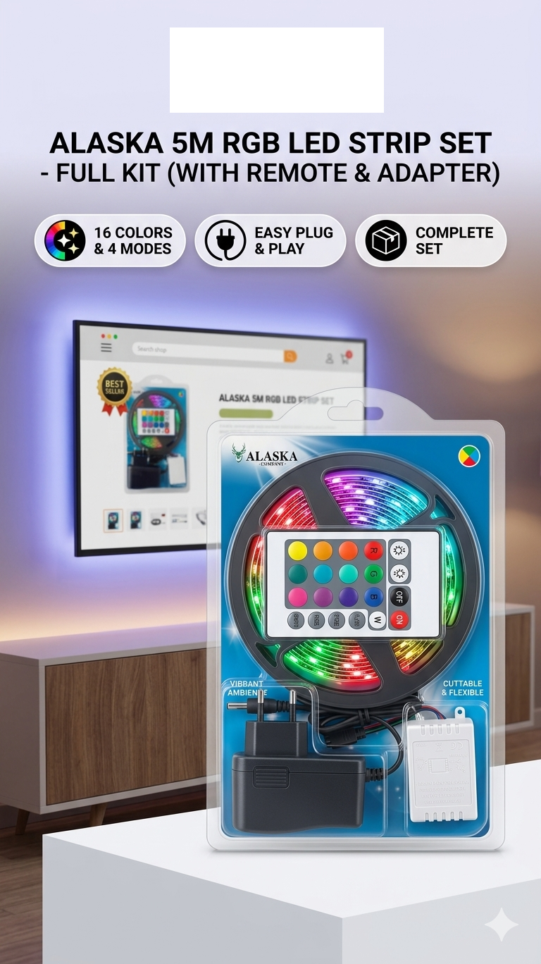 Alaska RGB LED Şerit Aydınlatma - 16 Renk 5M Dekoratif TV Arkası ve Oda Işığı