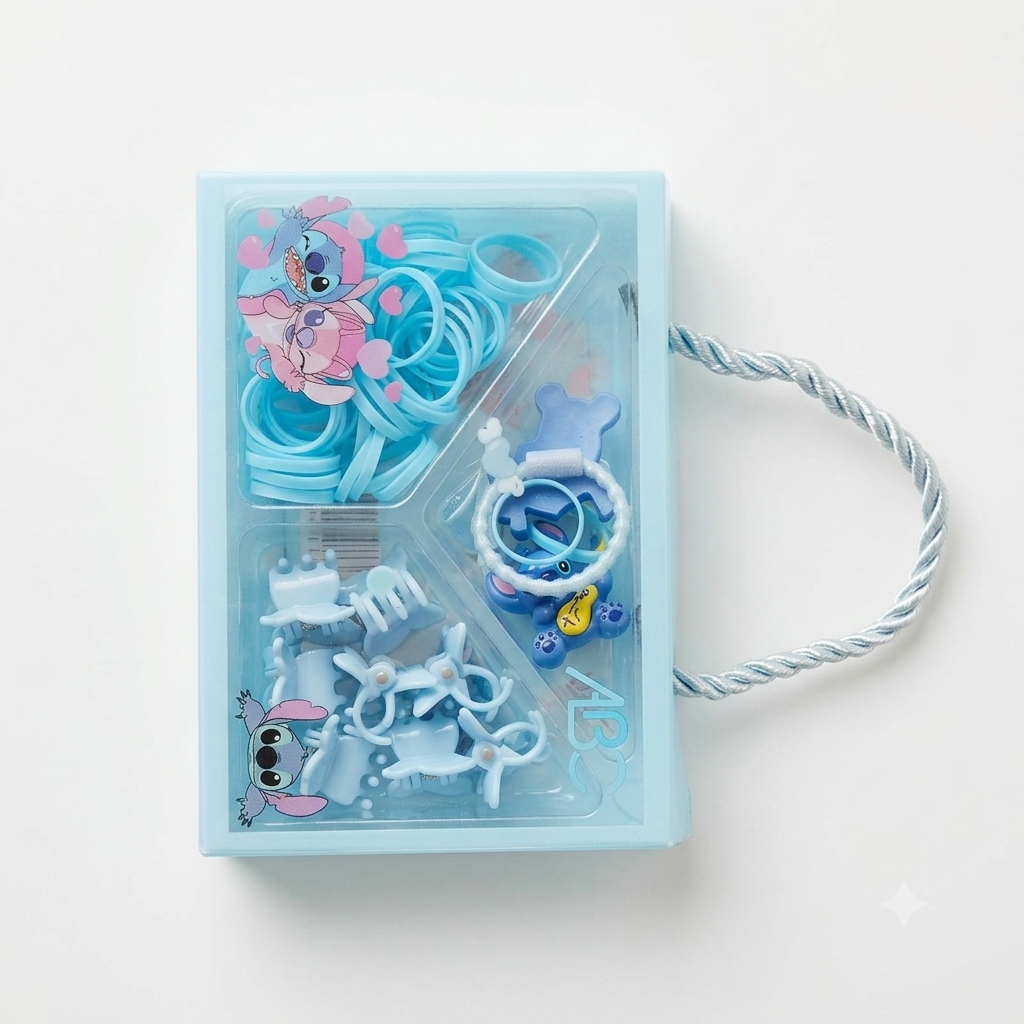 Sevimli Stitch Temalı Çantalı Çocuk Saç Aksesuar & Toka Set