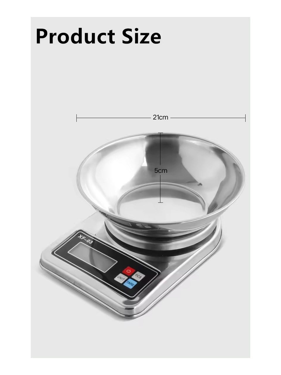 XF-03 Paslanmaz Çelik Kefeli Dijital Mutfak Terazisi - Hassas Tartı & Parça Sayıcı (21 cm Kefe)