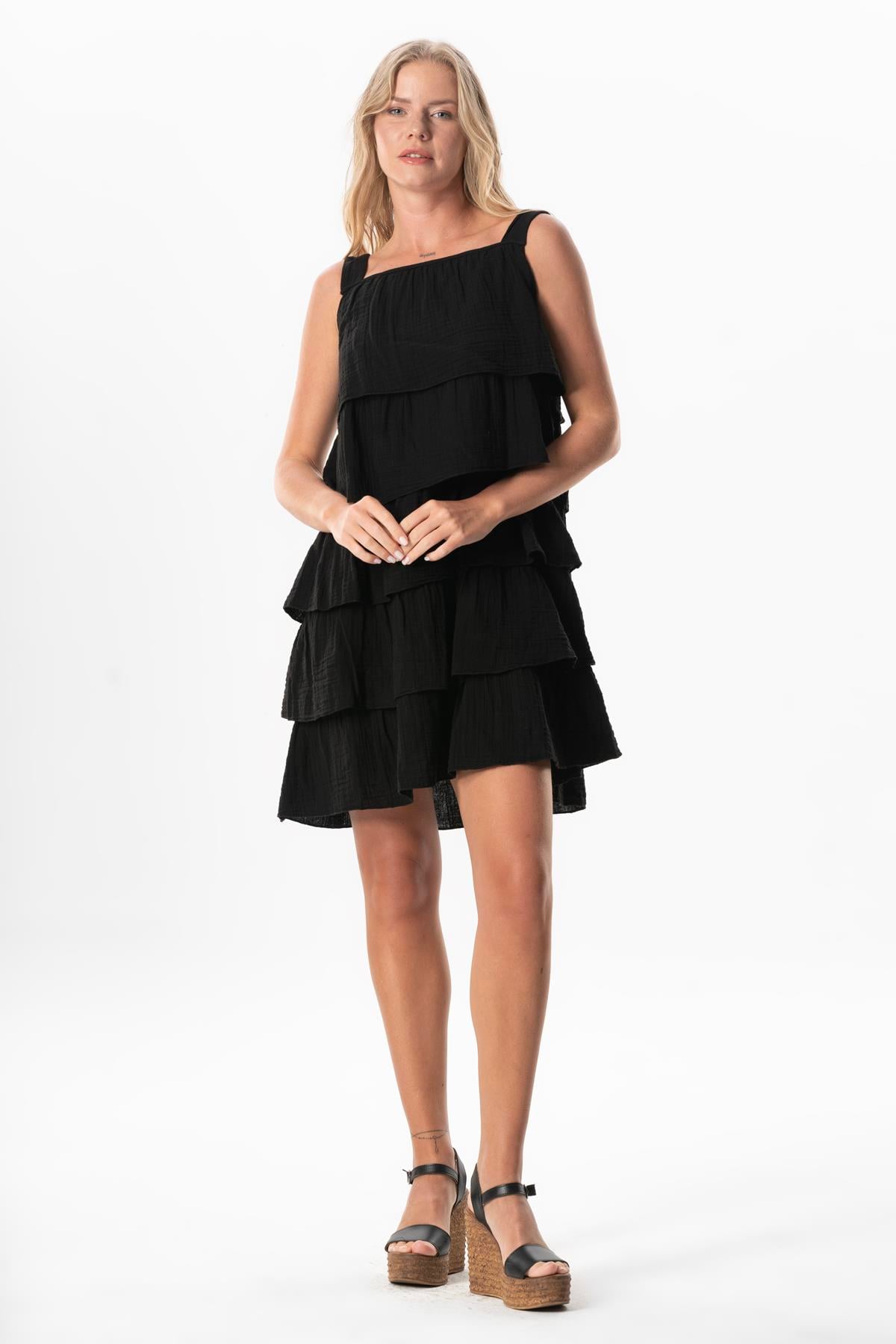 Elfida Muslin Short Strap Dress Black
