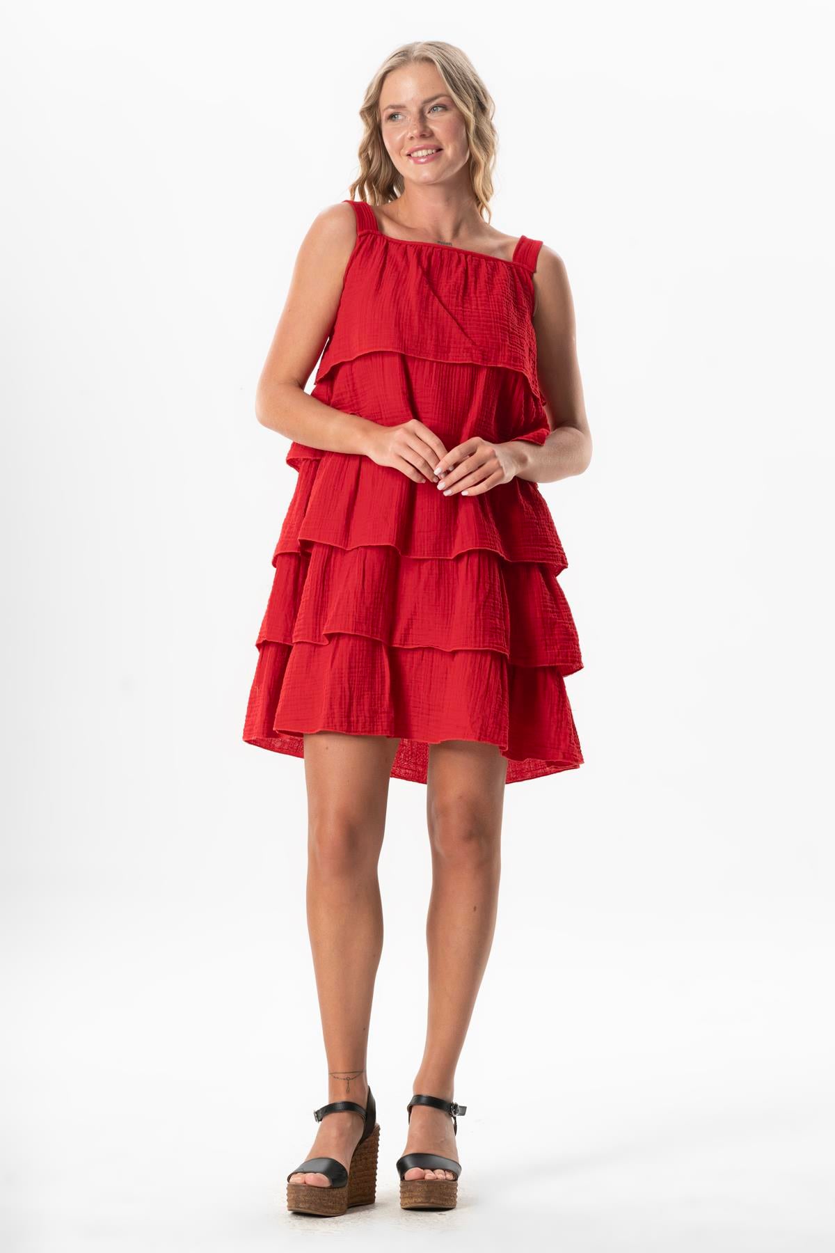 Askılı Kare Yaka Elfida Kat Kat Müslin Yazlık Kısa Elbise Kırmızı Krmz