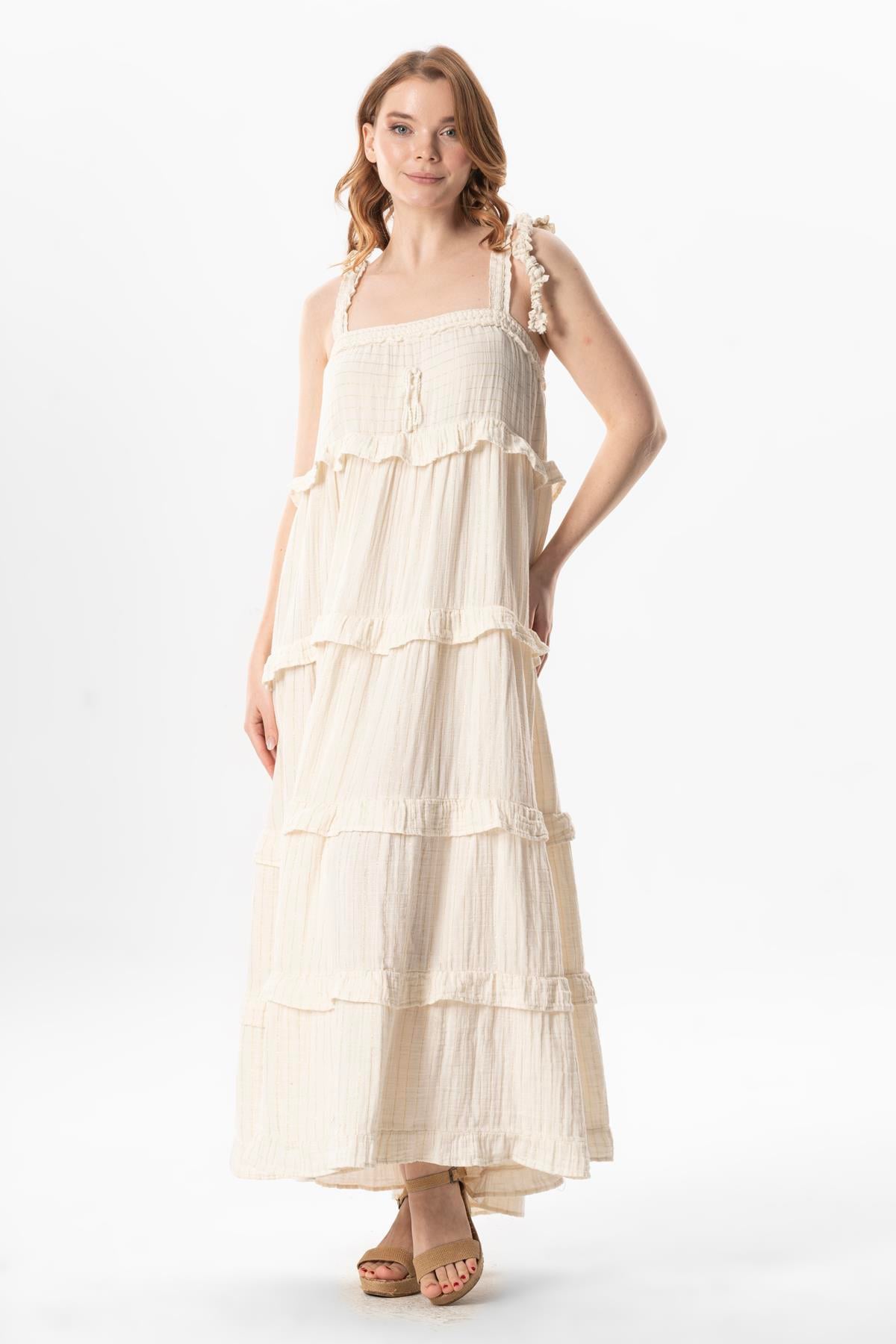 Square Neck Roma Muslin Long Summer Dress Cream