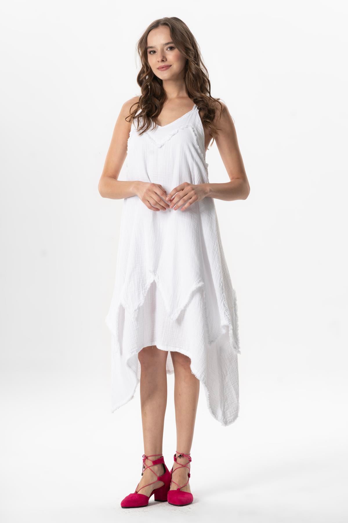 Strap V Neck Leyla Asymmetric Cut Midi Length Muslin Summer Dress White