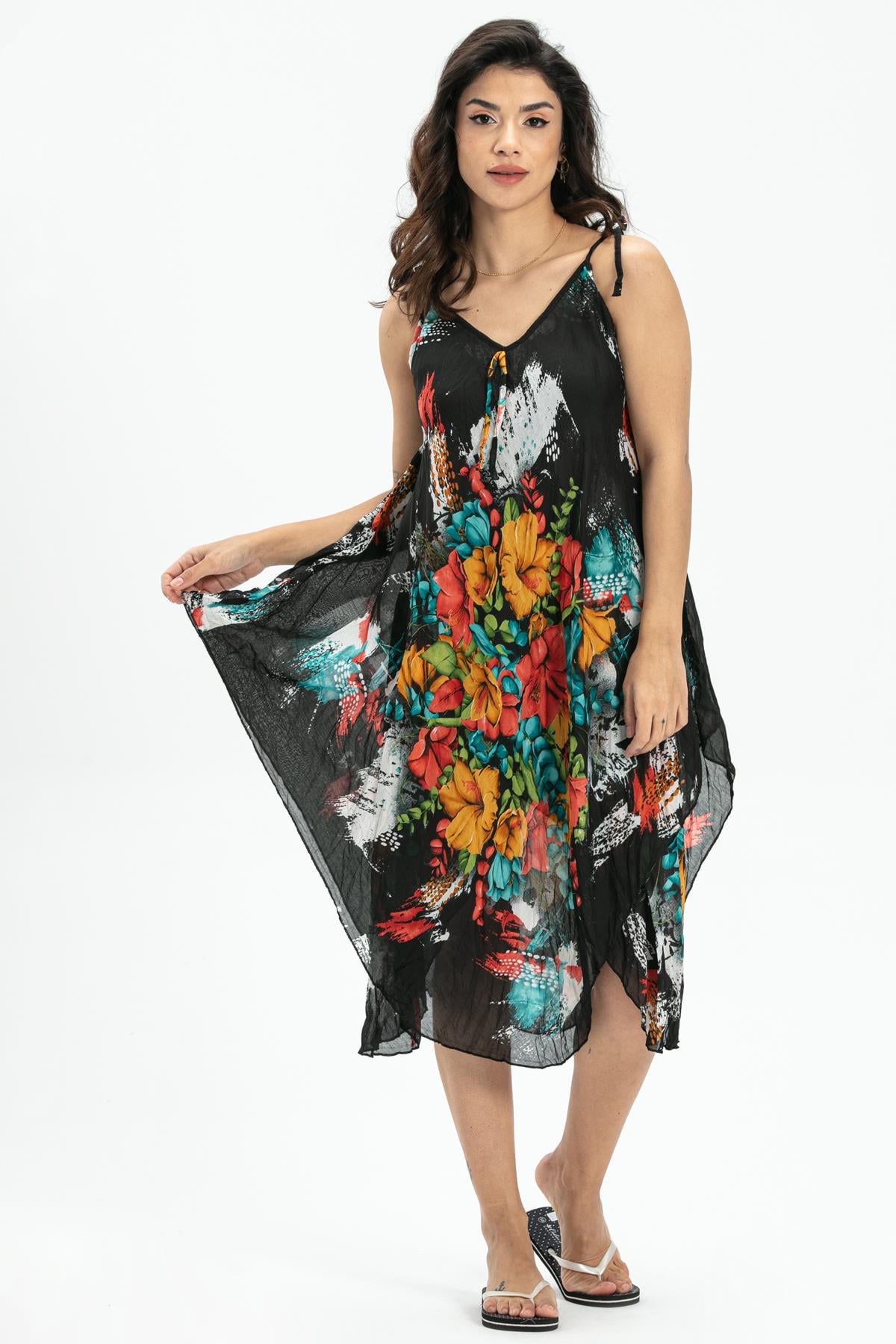 Strappy Voile Afrodit Midi Length Dress Black1