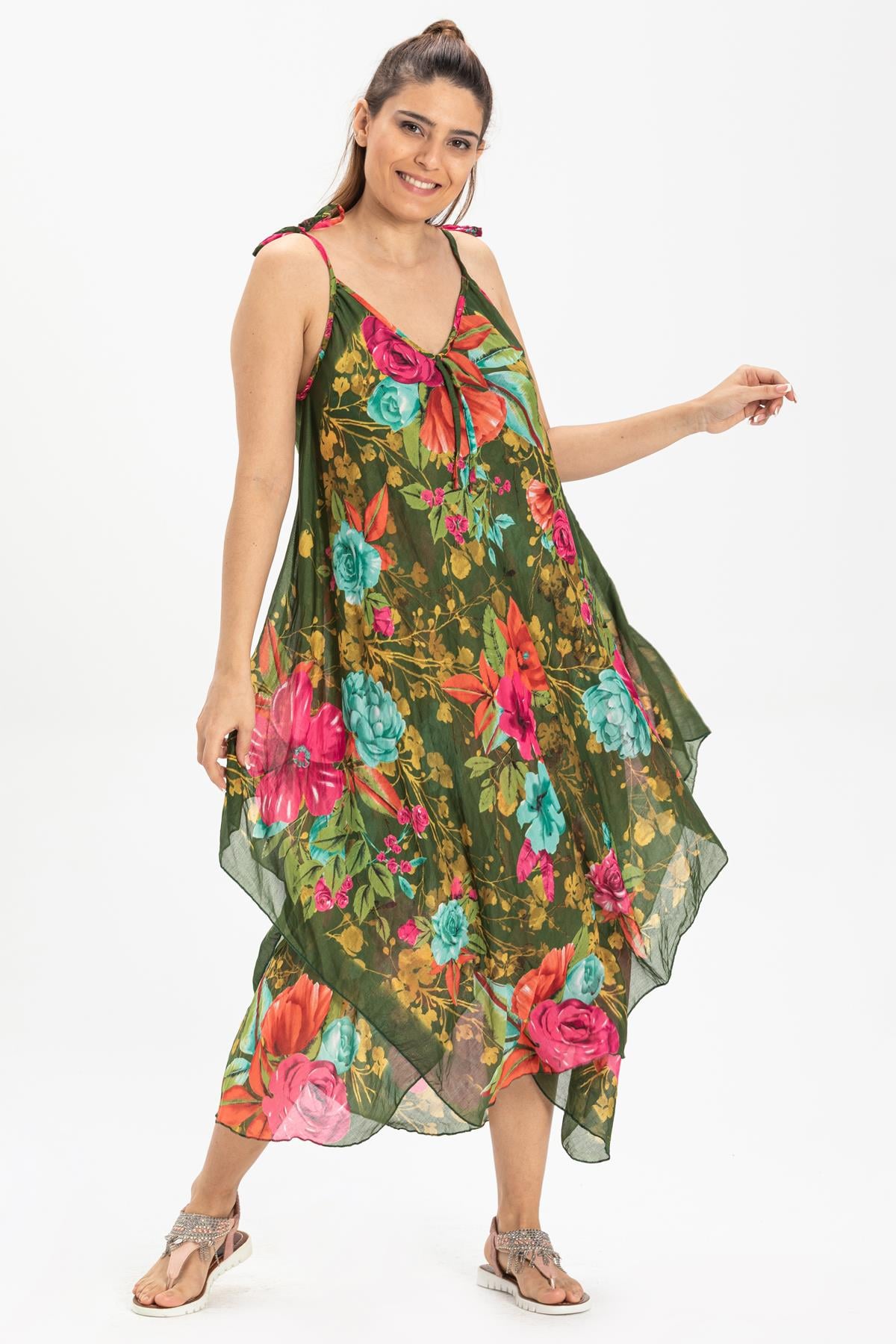 Strappy Voile Afrodit Midi Length Dress Green