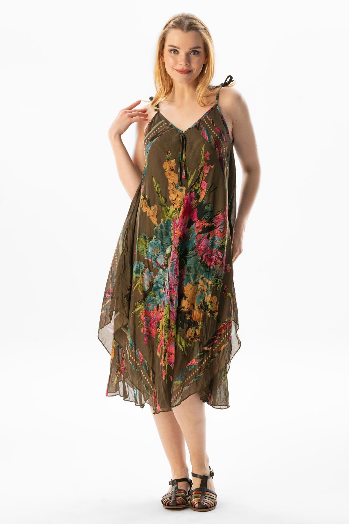 Strappy Voile Afrodit Midi Length Dress Khaki