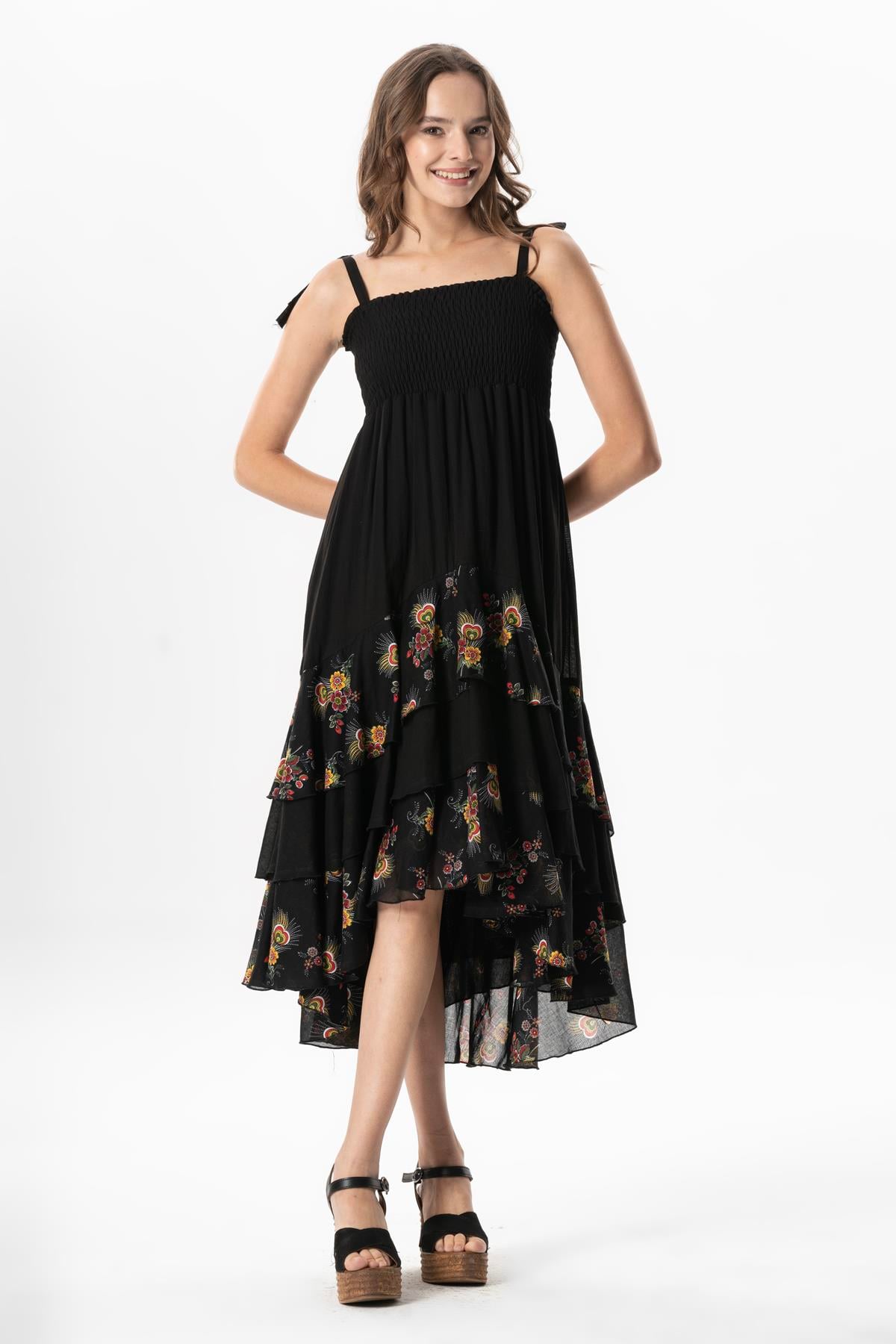 Strappy Voile Gülçimen Layered Asymmetrical Cut Summer Midi Length Dress Black
