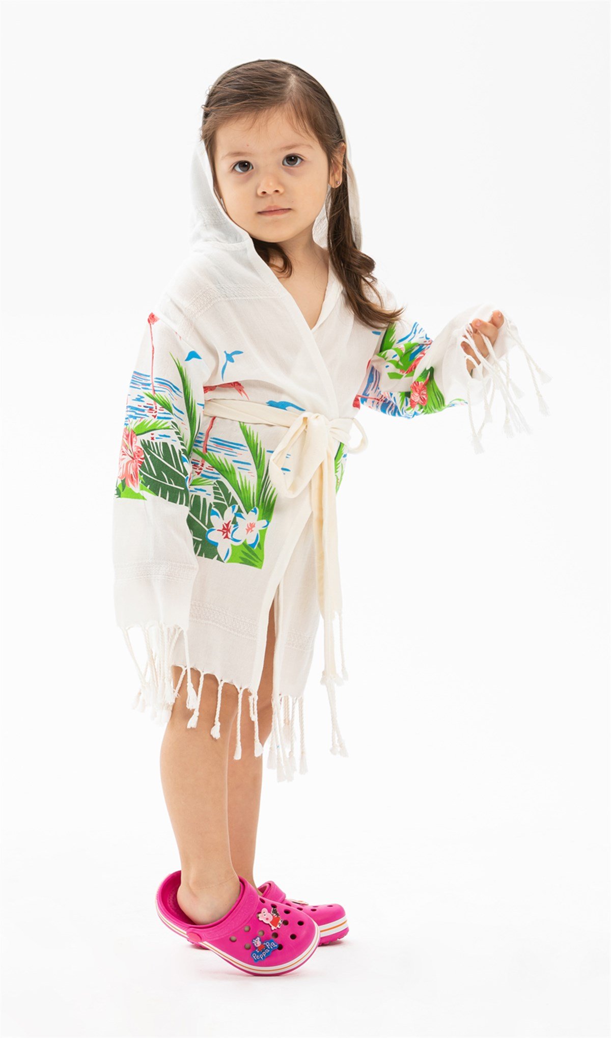 Bambu Baskılı Flamingo Desen Çocuk Bornoz Krem
