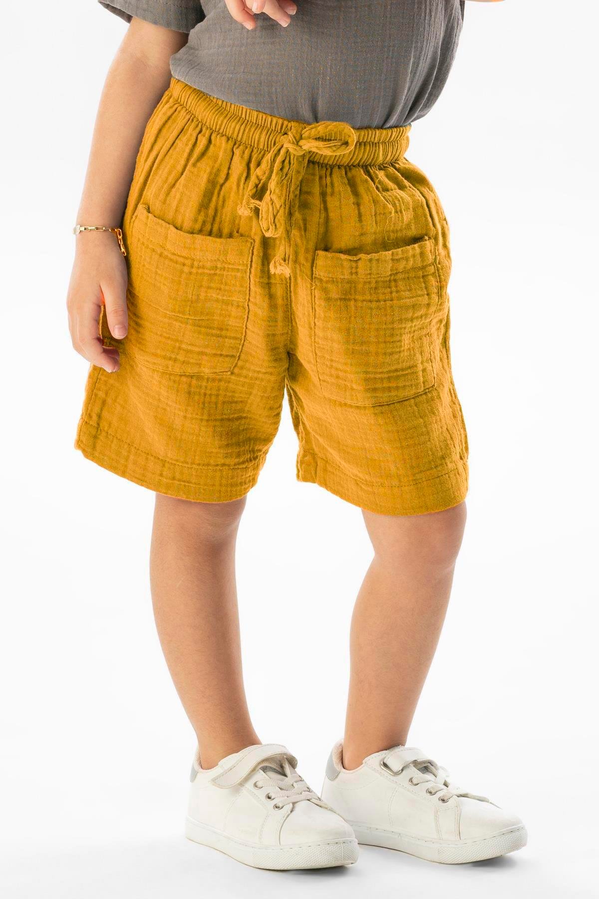 Batı Cep Detaylı Yazlık Müslin Kız Çocuk Şort Hardal Hrd