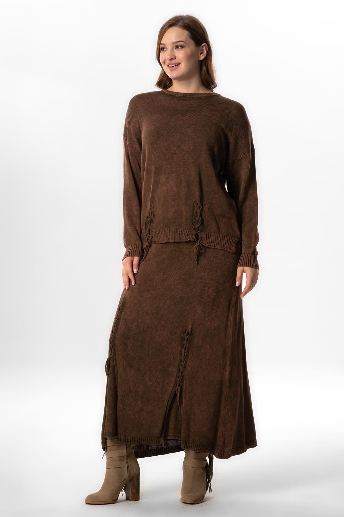 Elastic Waist Berra Binding Detailed Fall and Winter Long Knitwear Skirt Brown