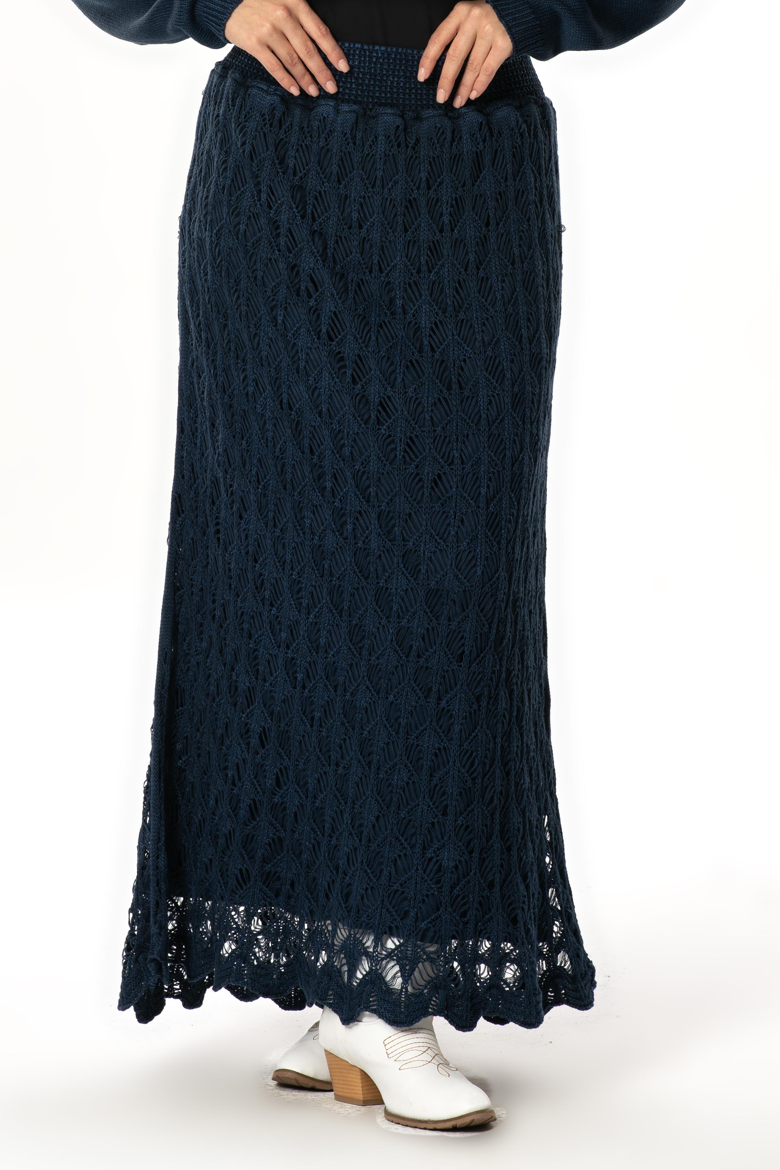 Beli Lastikli Elvan Sonbahar ve Kışlık Uzun Örgü Triko Etek Lacivert Lcvt