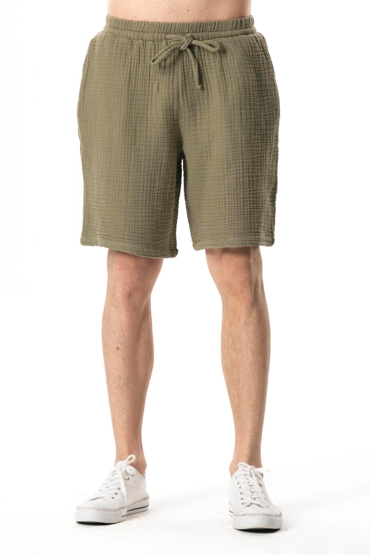 Beli Lastikli Multi Diz Üstü Müslin Erkek Yazlık Şort Haki Hk