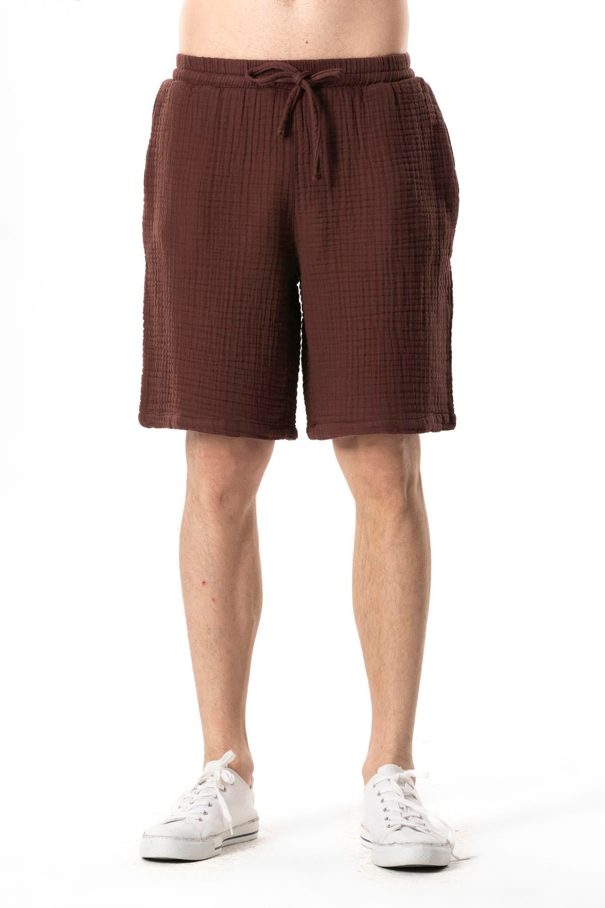 Beli Lastikli Multi Diz Üstü Müslin Erkek Yazlık Şort Kahve Khv